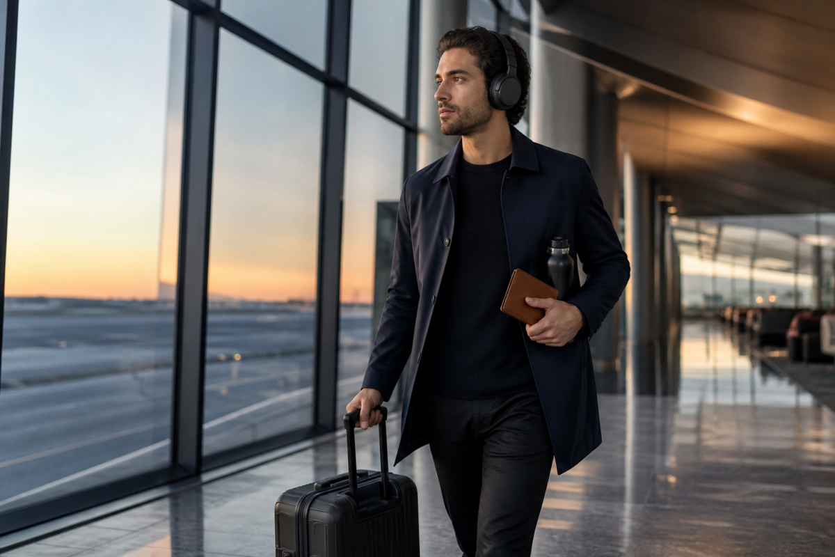 Composed traveller moving through an airport with a compact carry-on and essentials