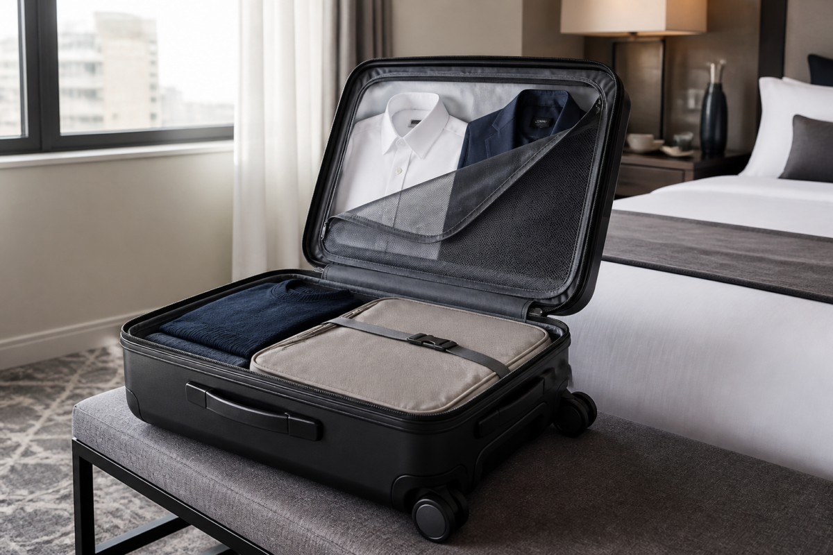 Hard-shell carry-on neatly packed for a short business trip