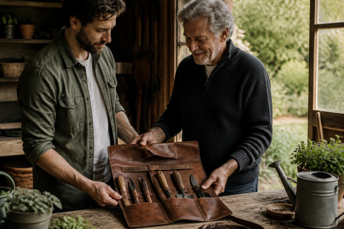 Father and adult son opening a leather gardening tool roll together