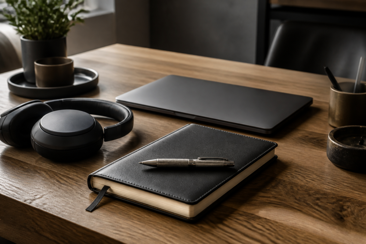 Refined founder gifts arranged on a focused oak workspace