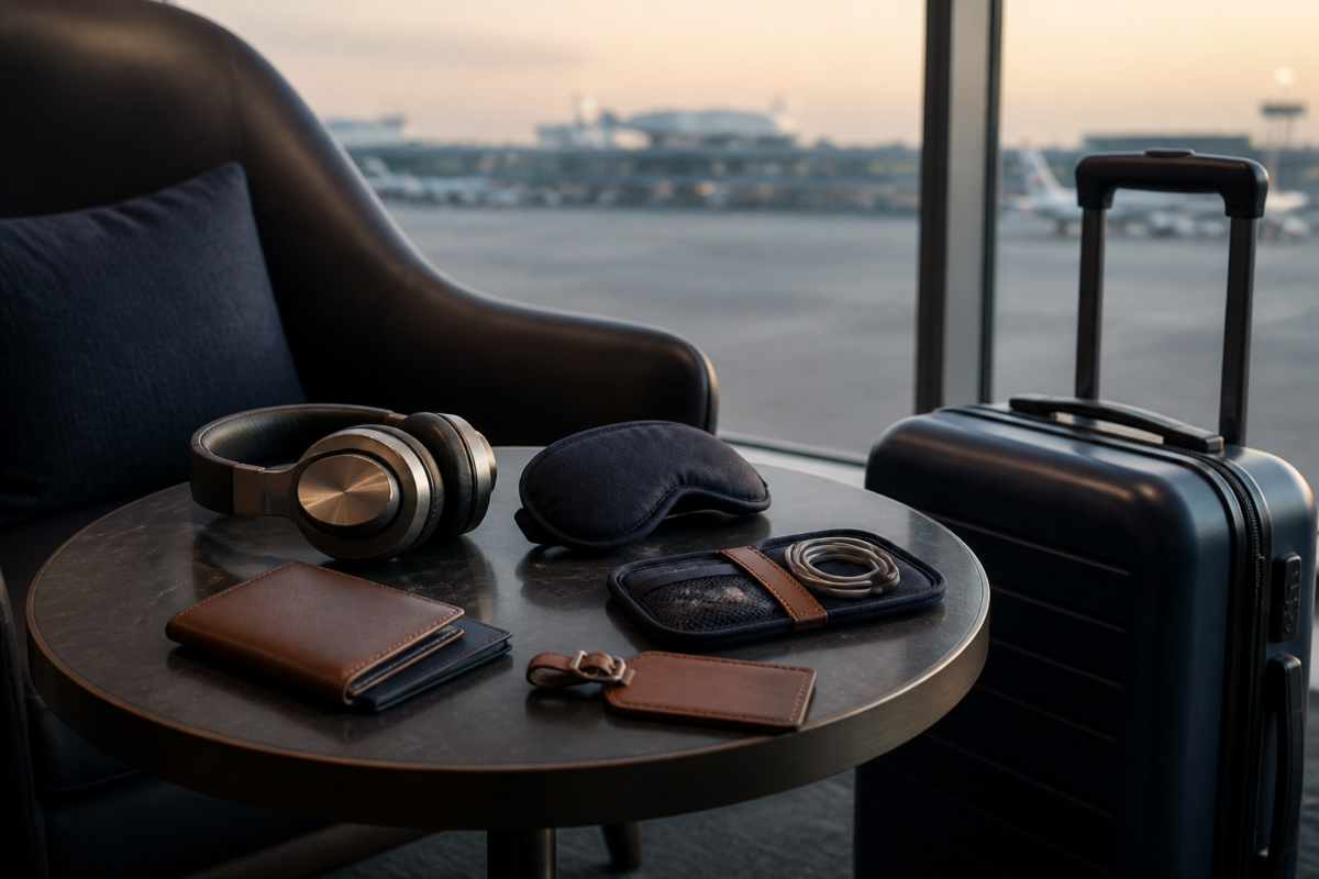 Useful premium travel gifts arranged in a quiet airport lounge