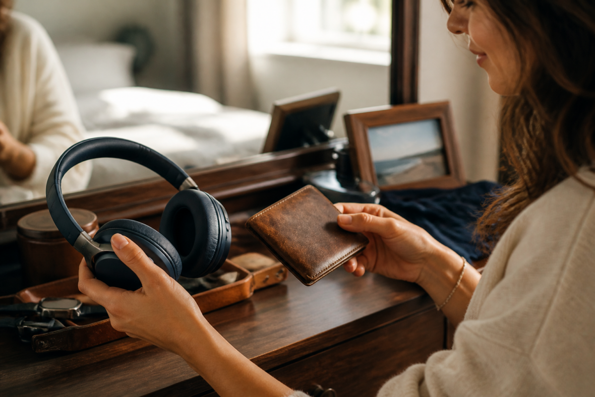 Woman choosing an upgrade for an everyday item her husband uses