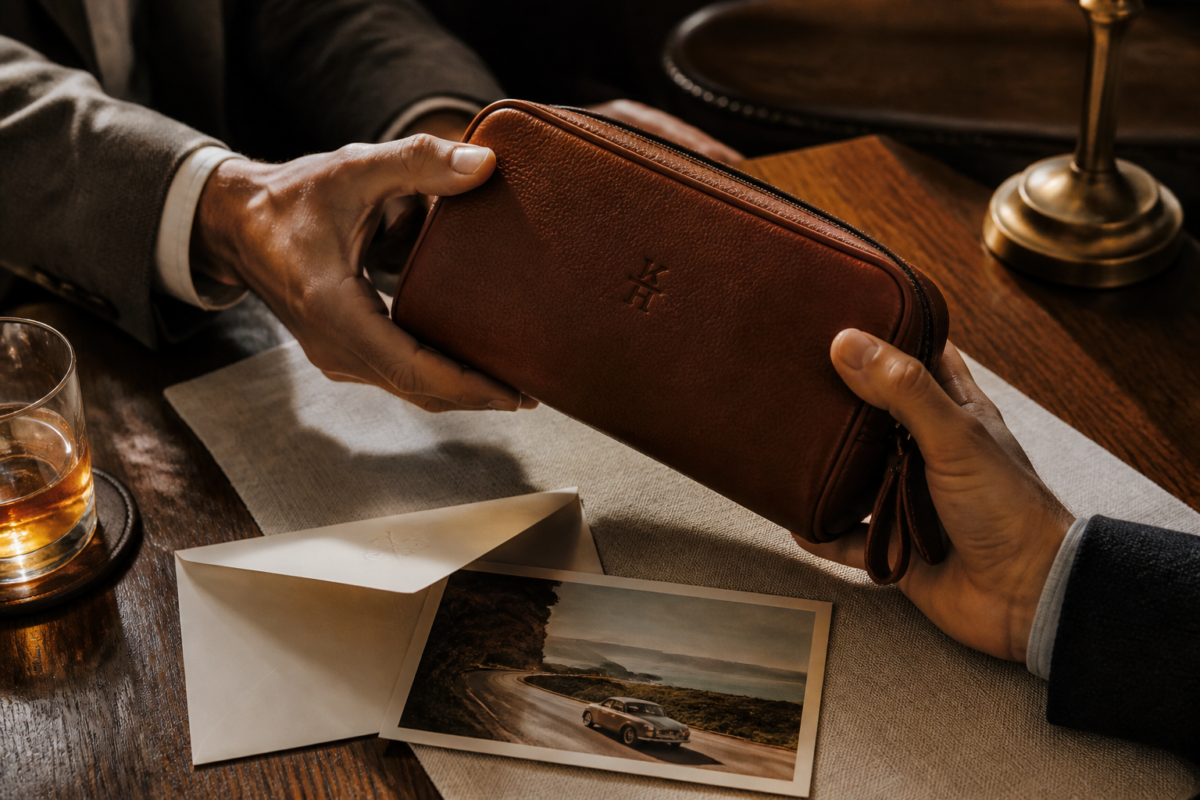 Bespoke leather travel case being given across an oak table