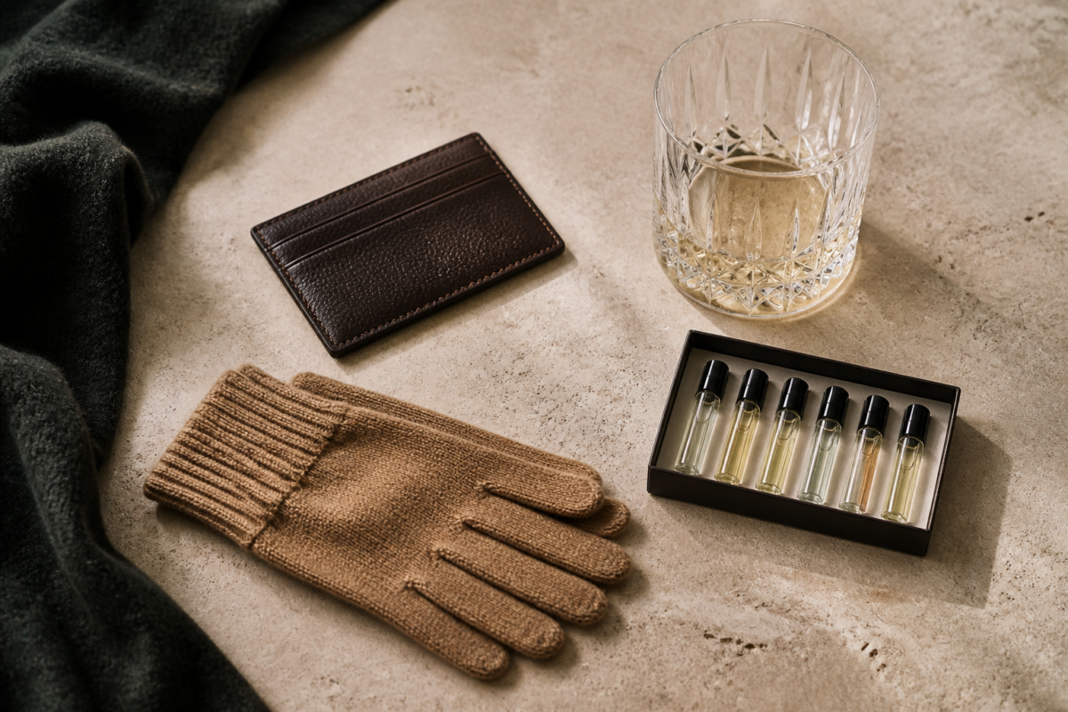 Small luxury gifts arranged on pale stone