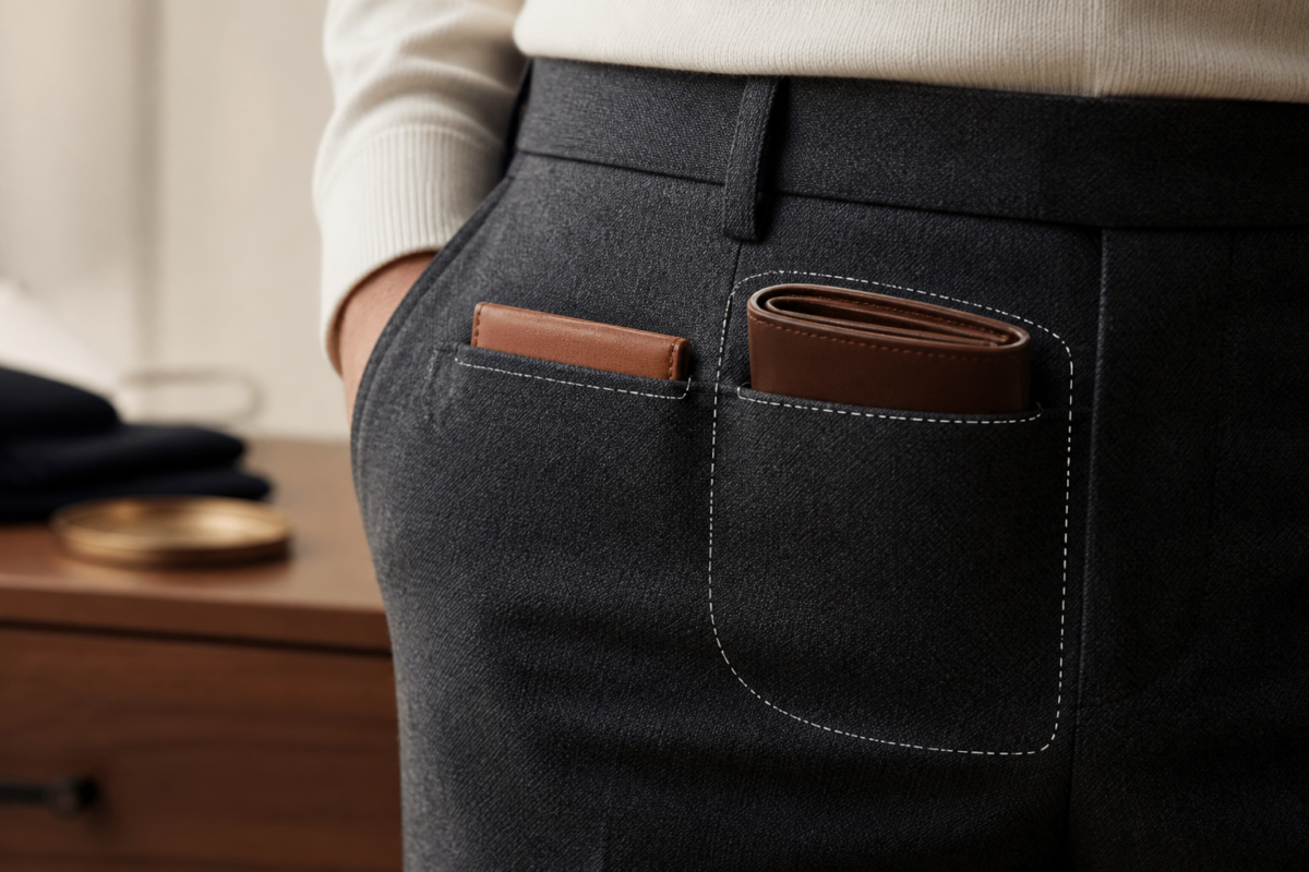 Slim leather cardholder compared with a bulky old bifold