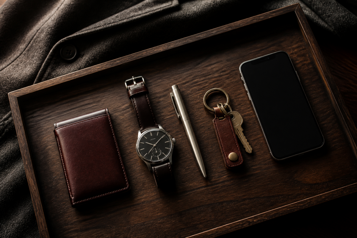 Wallet, watch, pen, keys and phone arranged in a walnut valet tray
