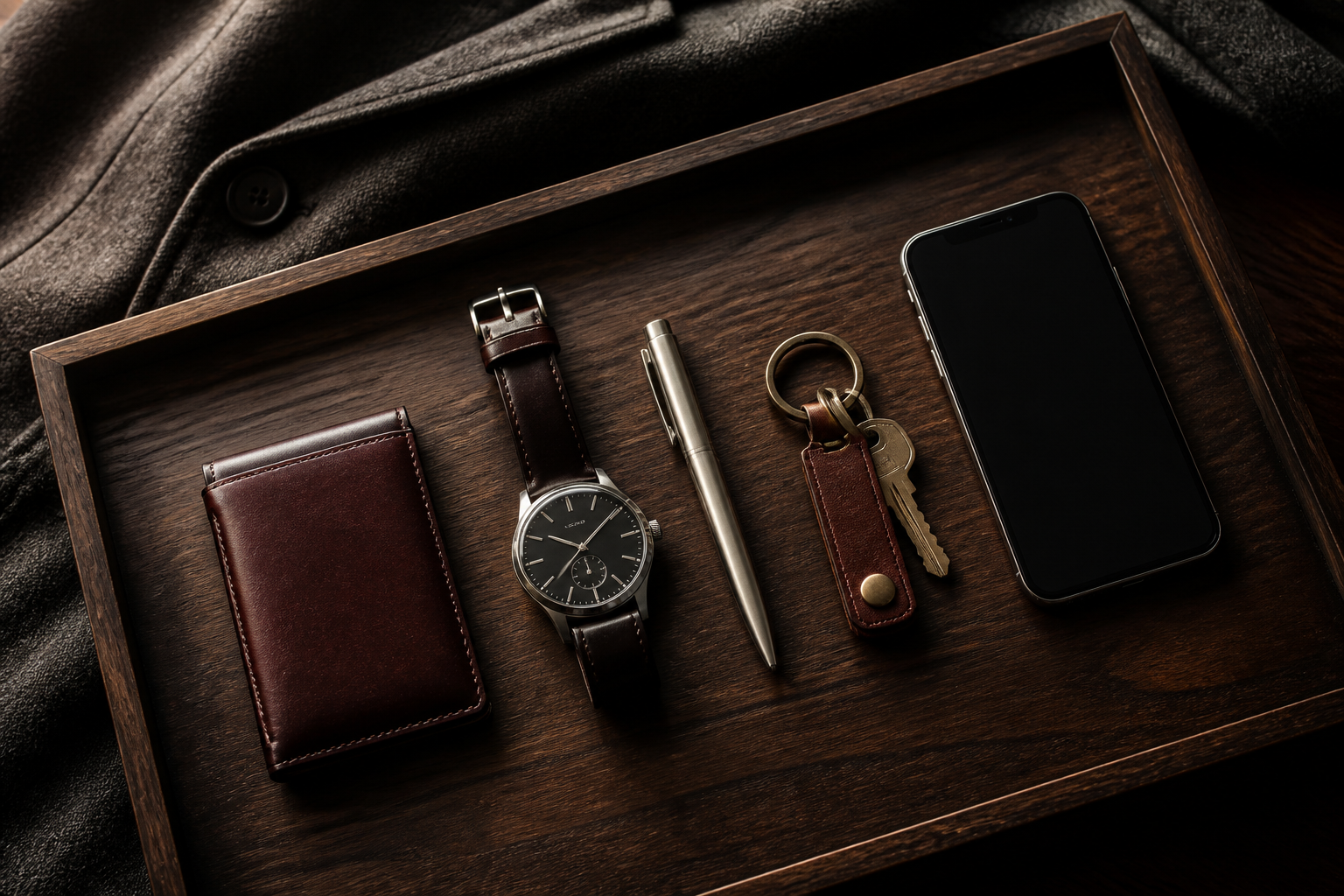 Wallet, watch, pen, keys and phone arranged in a walnut valet tray