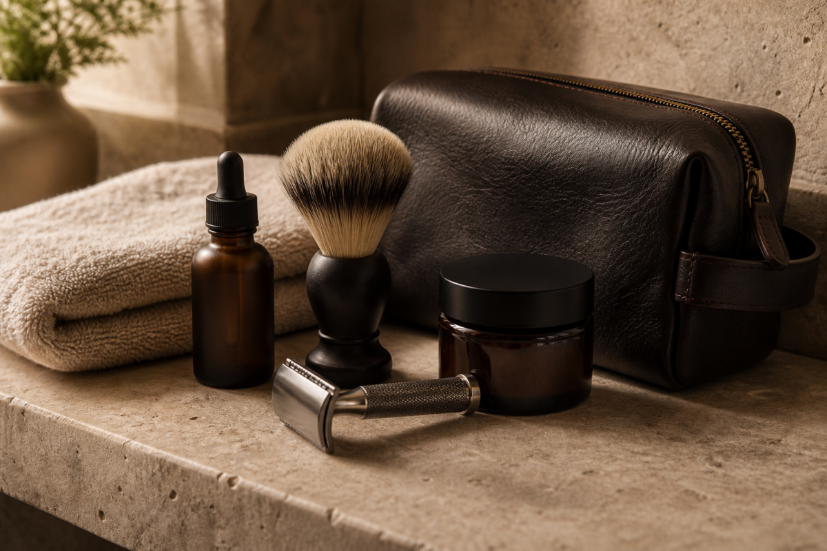 Cohesive men's grooming set with razor, brush and leather wash bag