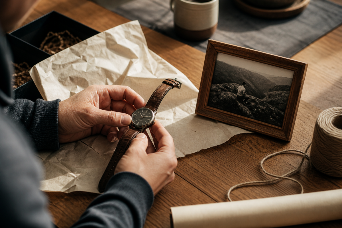 Hands carefully restoring a well-loved leather watch strap as a thoughtful gift