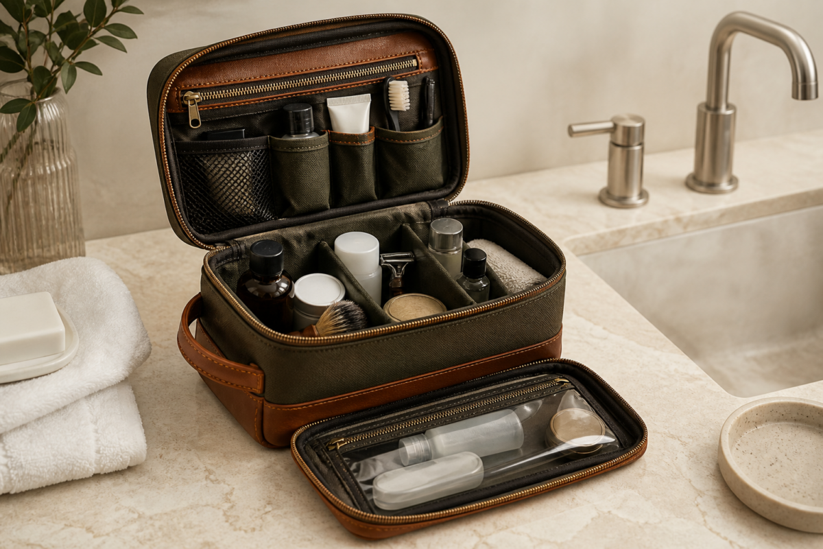 Structured leather and canvas toiletry bag with organised grooming essentials
