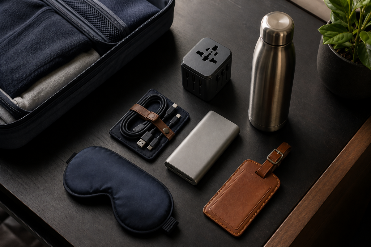 Purposeful travel accessories arranged neatly on a hotel desk