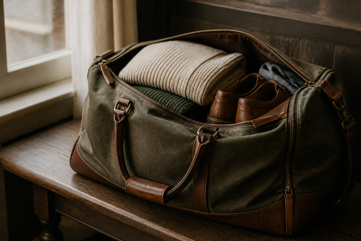 Waxed canvas and leather weekender packed for a two-night trip